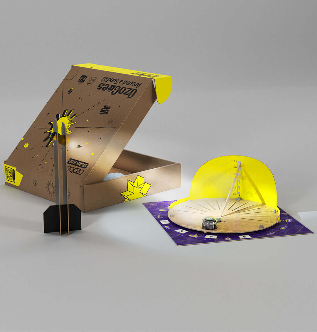 OzoGoes Around A Sundial kit showcasing a sundial model and educational materials for STEAM learning.