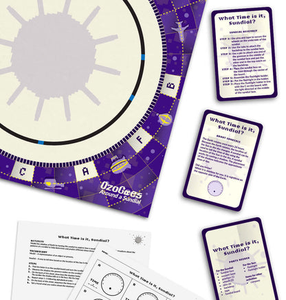 OzoGoes Around A Sundial educational kit featuring activity cards and worksheets for STEAM learning.
