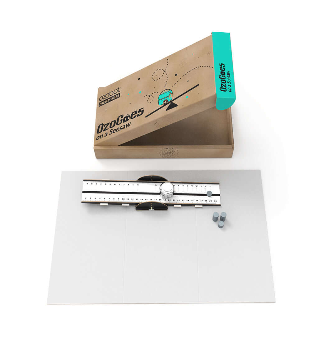 OzoGoes On A Seesaw kit with seesaw model and components for STEAM learning and exploration.