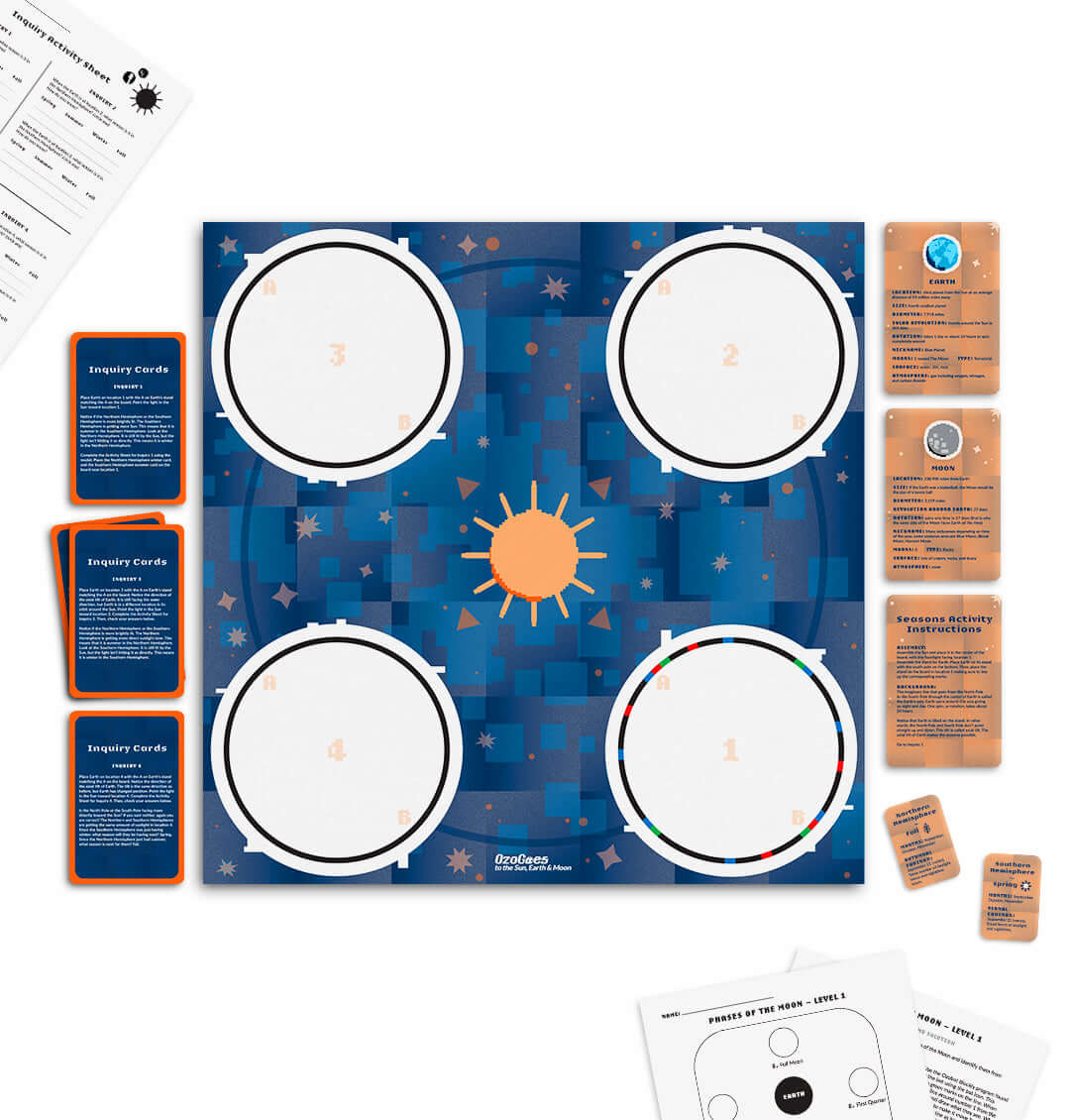 Educational STEAM activity mat featuring the sun, inquiry cards, and numbered sections for solar system exploration.