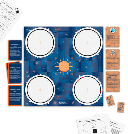 Educational STEAM activity mat featuring the sun, inquiry cards, and numbered sections for solar system exploration.