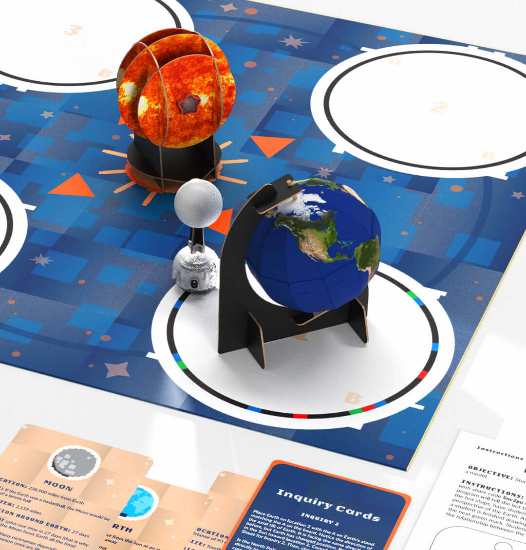 OzoGoes to the Sun, Earth & Moon kit featuring solar system models and inquiry cards for STEAM learning.