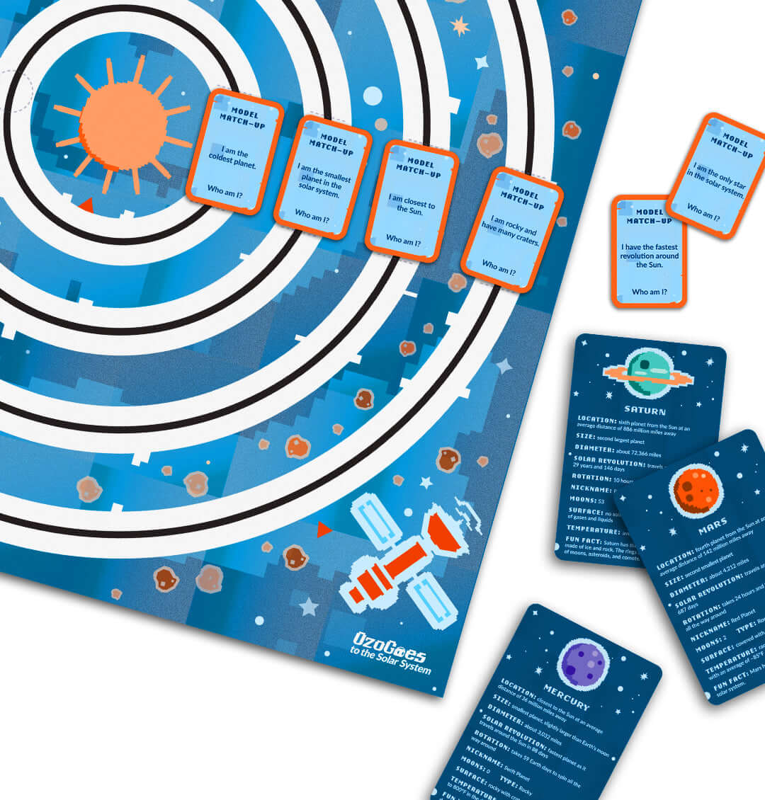 OzoGoes to the Solar System board game with planet cards and activity prompts for STEAM learning.