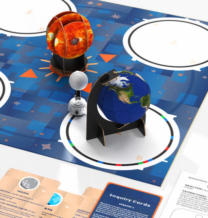 Education-focused image showcasing OzoGoes solar system kit with sun and earth models on a game board.