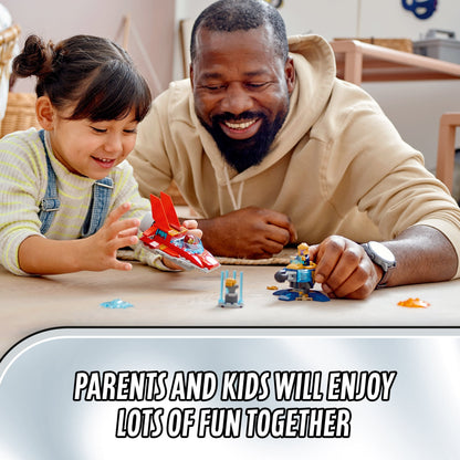 A father and daughter enjoying playtime together with LEGO® Marvel Avengers sets, highlighting family fun.