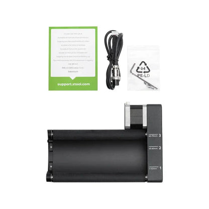 Makeblock Rotary Roller Engraving Module components including tools, cable, and user guide for educational engraving.