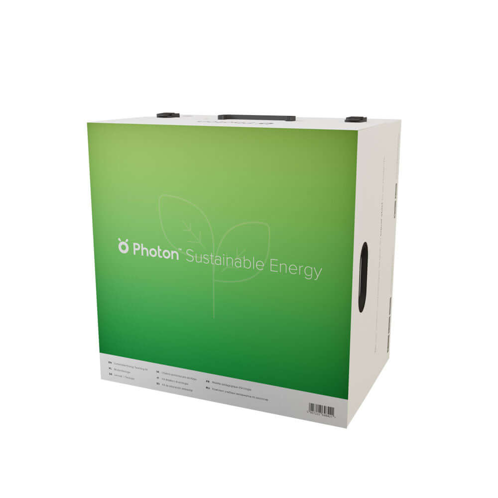 Photon Ecology Teaching Kit box promoting sustainable energy with eco-friendly design and educational content.