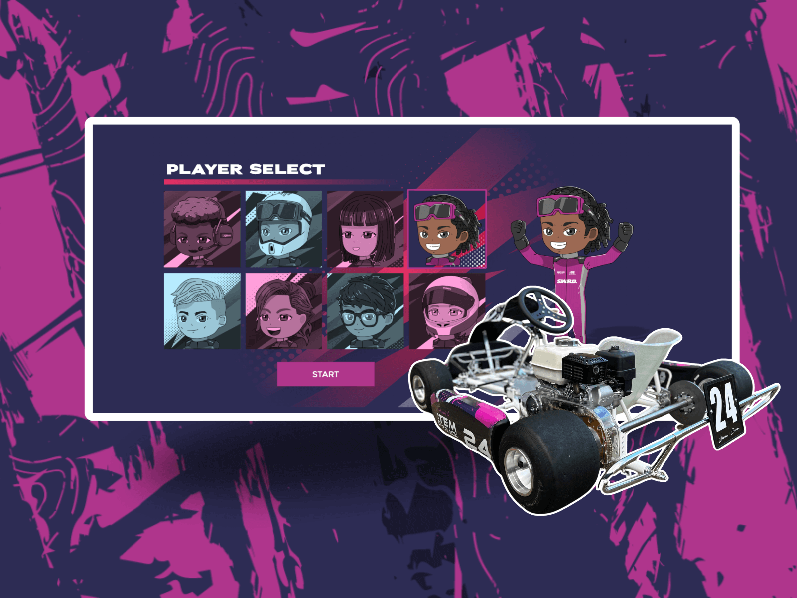 Player select screen for STEM On Track with diverse characters and a race kart, promoting interactive learning.
