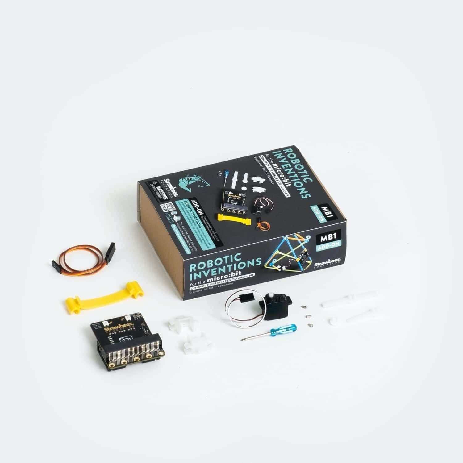 Robotic Invention kit for micro:bit, including components for building and programming mechanical structures.