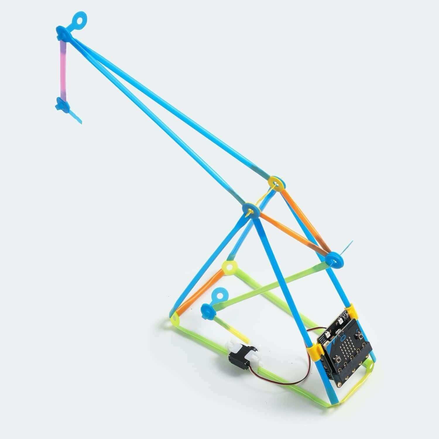 Robotic structure built with Strawbees and micro:bit, featuring moving components and colorful design.
