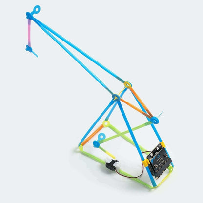 Robotic structure built with Strawbees and micro:bit, featuring moving components and colorful design.