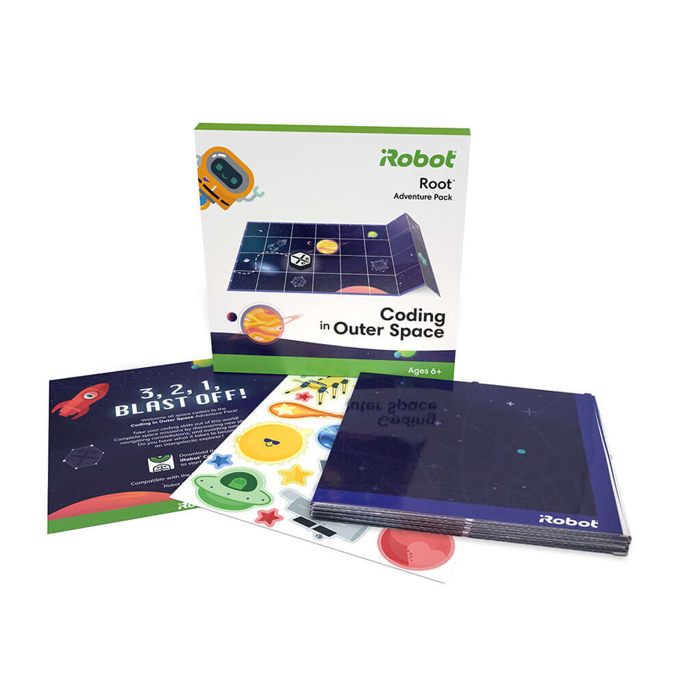 Root Adventure Pack: Coding in Outer Space with robot, coding cards, and space graphics for kids.