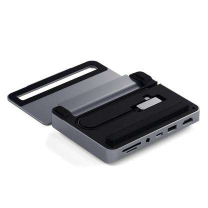 Satechi Aluminium Stand Hub for iPad Pro with ports for HDMI, USB, SD card, and audio jack.
