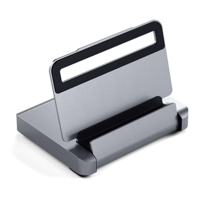 Satechi Aluminium Stand Hub for iPad Pro, sleek design with USB ports, SD card reader, and audio jack, ideal for tablet use.