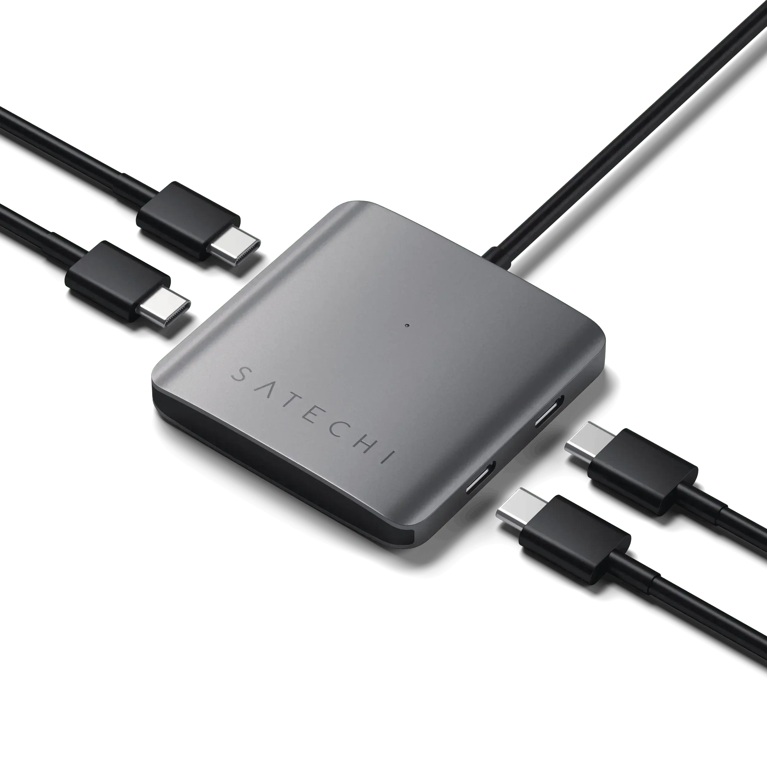Satechi Aluminum 4-Port USB-C Hub with sleek design and four USB-C ports for data transfer and connectivity.