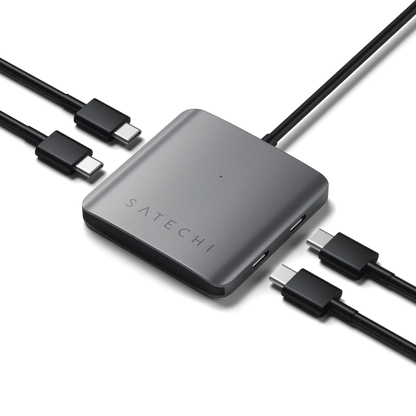 Satechi Aluminum 4-Port USB-C Hub with sleek design and four USB-C ports for data transfer and connectivity.