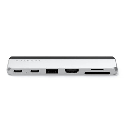 Satechi Dual USB-C Hub for Surface Pro 9 showcasing a sleek silver design with multiple connectivity ports.