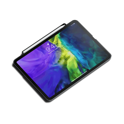 Satechi Vegan-Leather Magnetic Case for iPad Pro with Apple Pencil holder on a colorful display