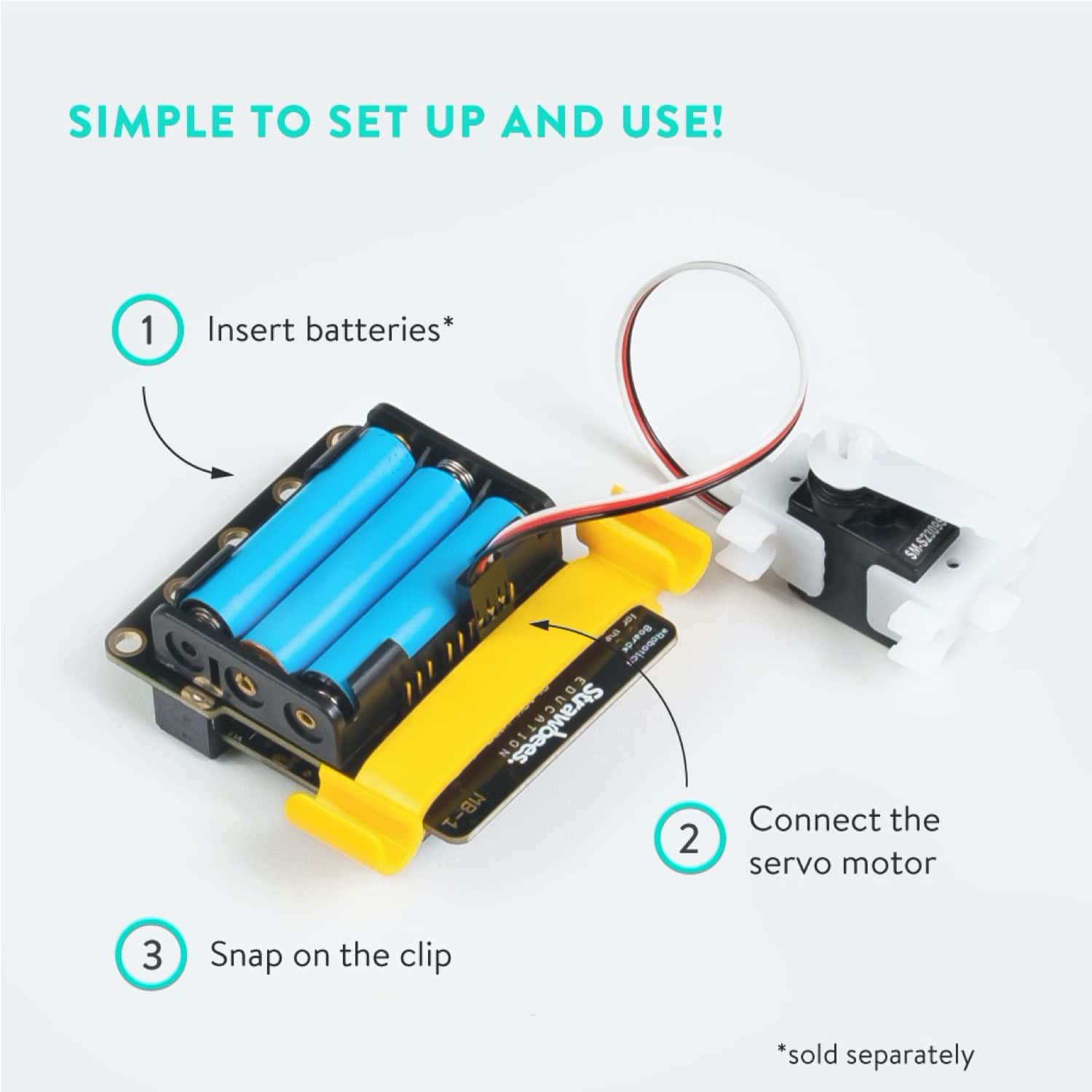 Setup guide for servo motor with battery pack, showing battery insertion and connection steps.