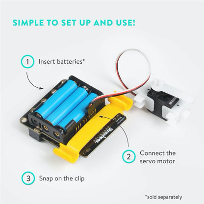 Setup guide for servo motor with battery pack, showing battery insertion and connection steps.