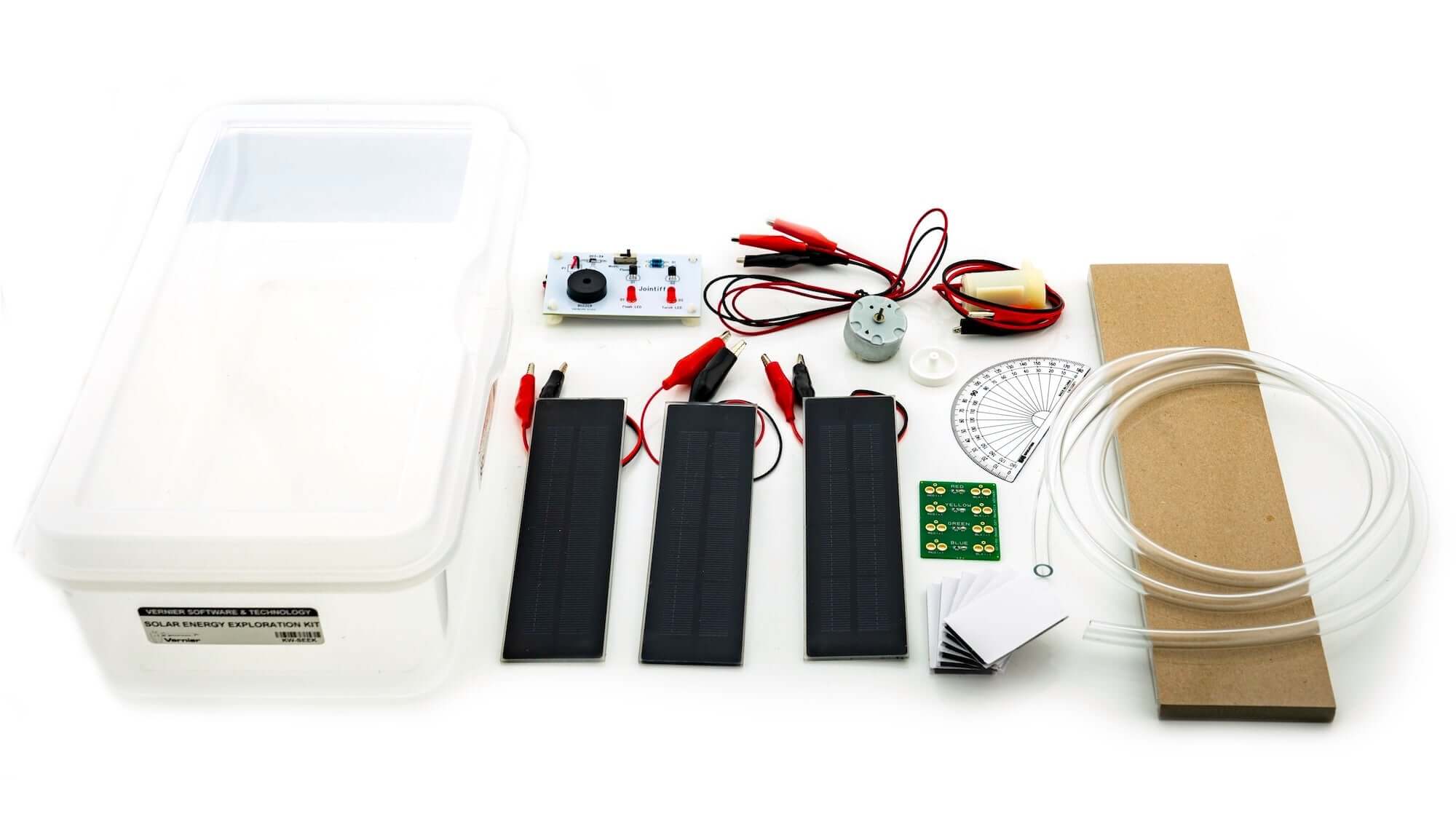 Solar Energy Exploration Kit components including solar panels, circuits, and tools for renewable energy experiments.