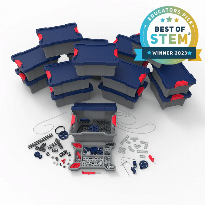 Sphero Blueprint Build Class Pack with storage bins and mechanical parts; STEM educational tools for classrooms.