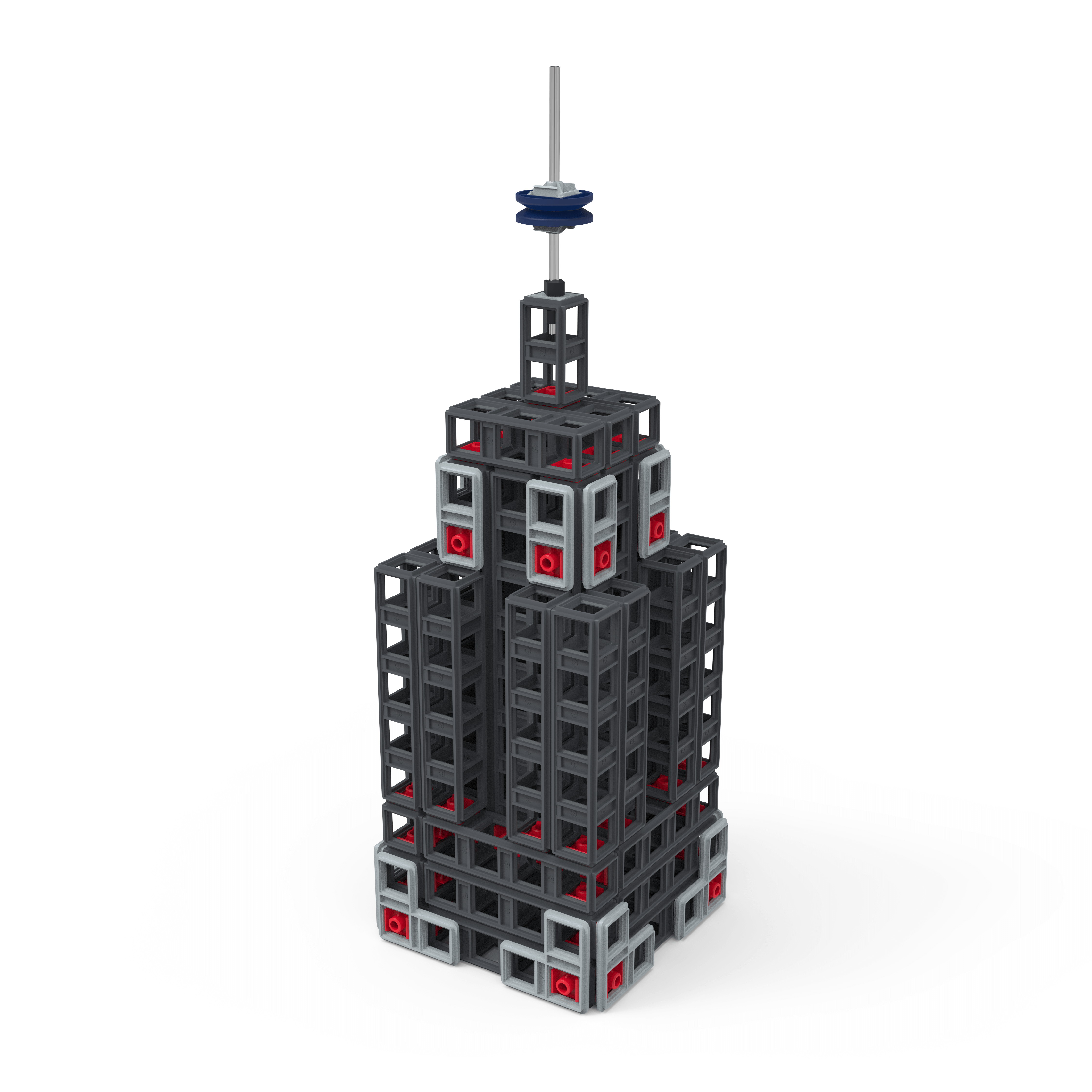 Miniature model of a skyscraper built from mechanical building parts in gray and red colors.