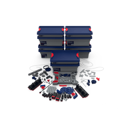 Sphero Blueprint Engineering Class Pack featuring 5 kits and various engineering tools and components arranged around storage boxes.