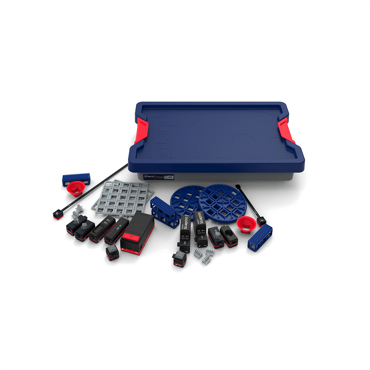 Sphero Blueprint Engineering Kit components including sensors, motors, and a storage tray for hands-on learning.