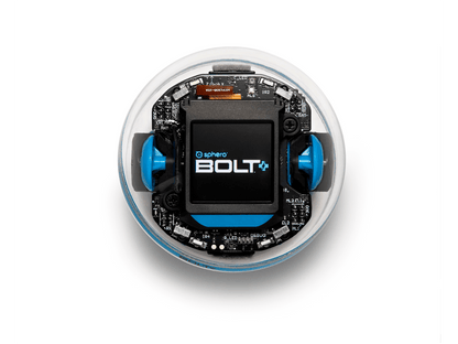 Sphero BOLT+ programmable robot top view, showcasing sensors, motors, and LCD screen for enhanced learning.
