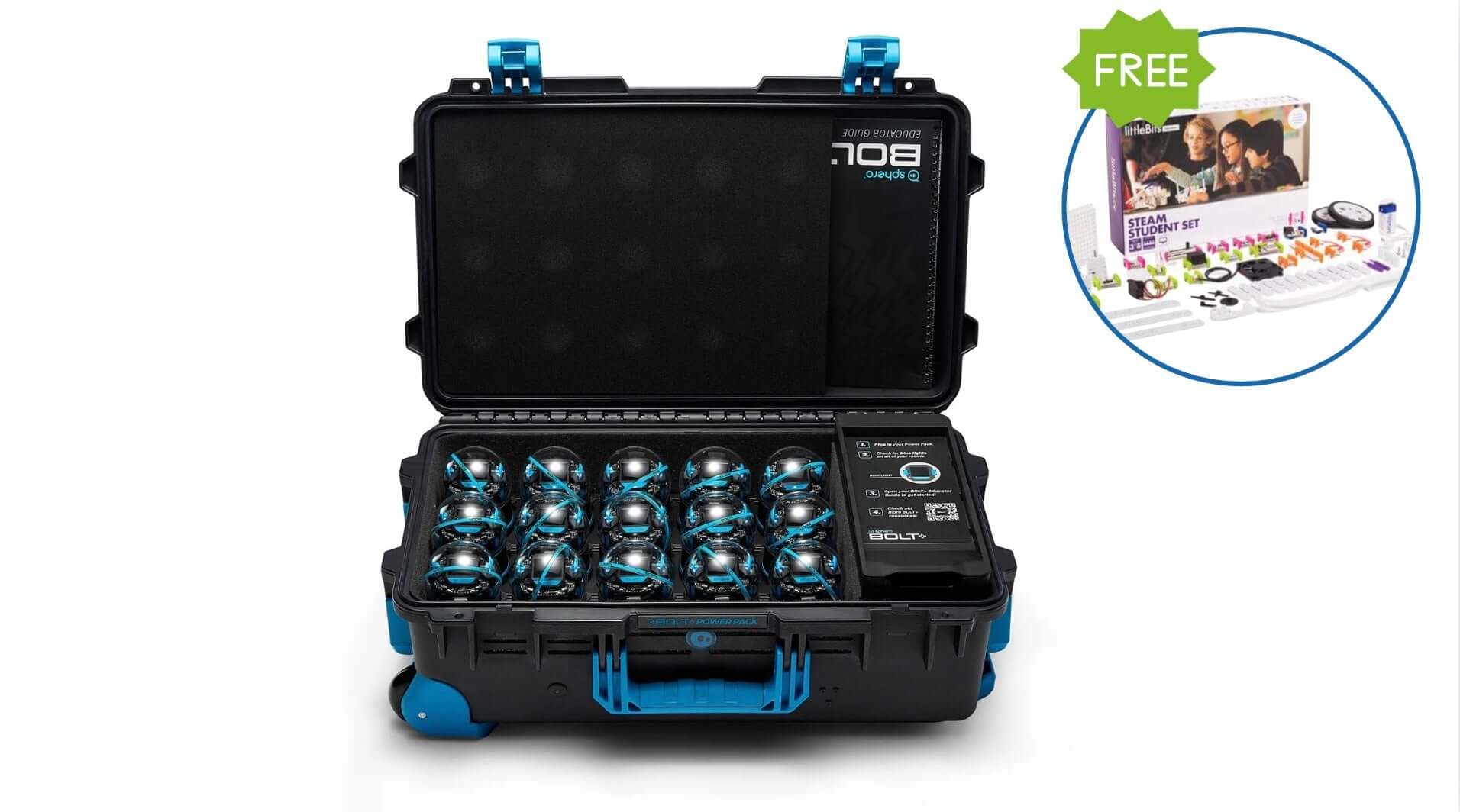 Sphero® BOLT+ Power Pack and FREE LittleBits STEAM Student Kit with robot tools in a portable case.