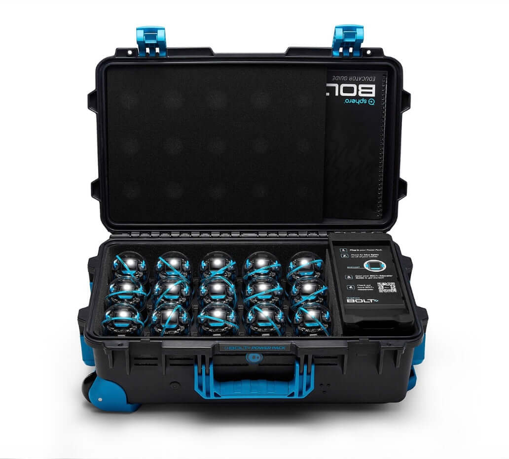 Sphero® BOLT+ Power Pack and FREE LittleBits STEAM Student Kit with multiple BOLT robots in a storage case.