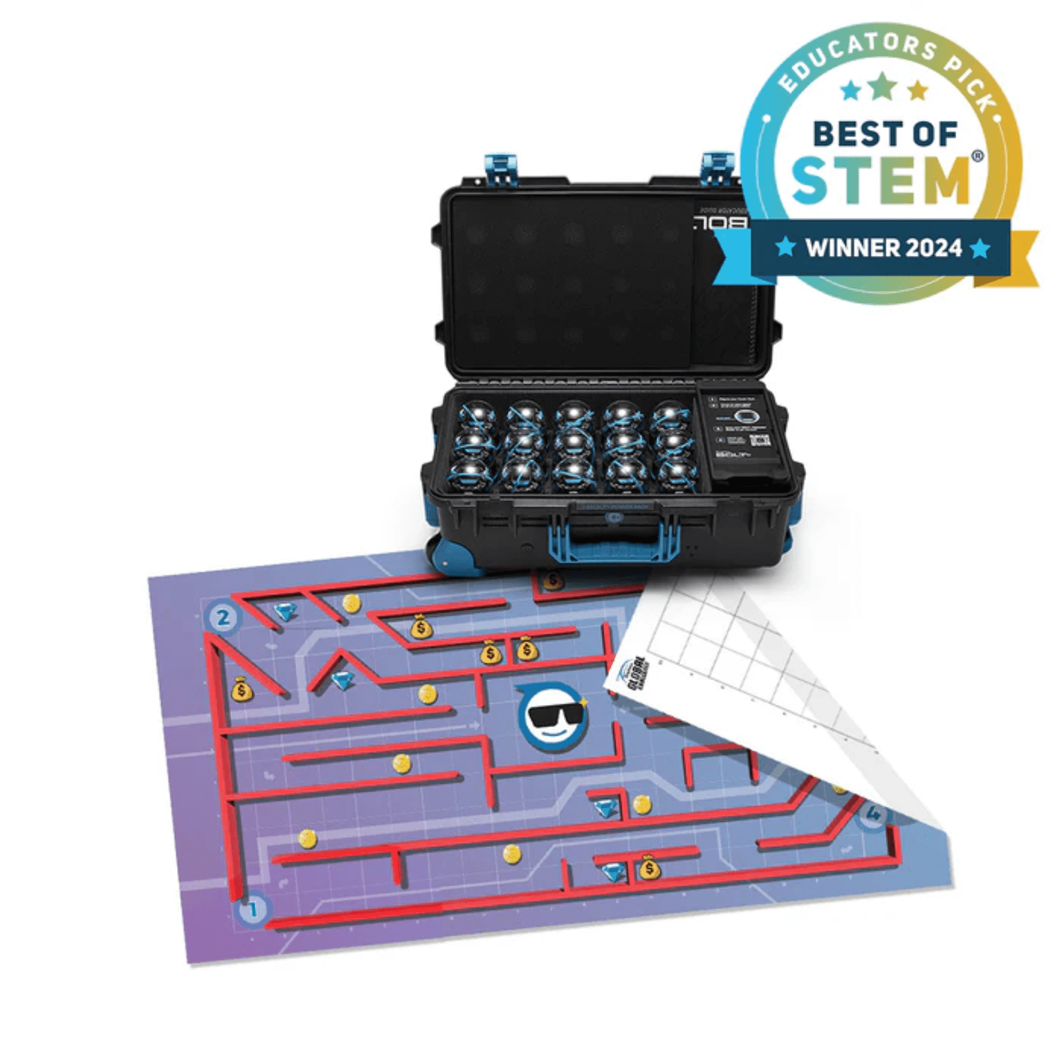 Sphero BOLT+ Power Pack with 15 robots and maze/grid code mat for hands-on coding activities.
