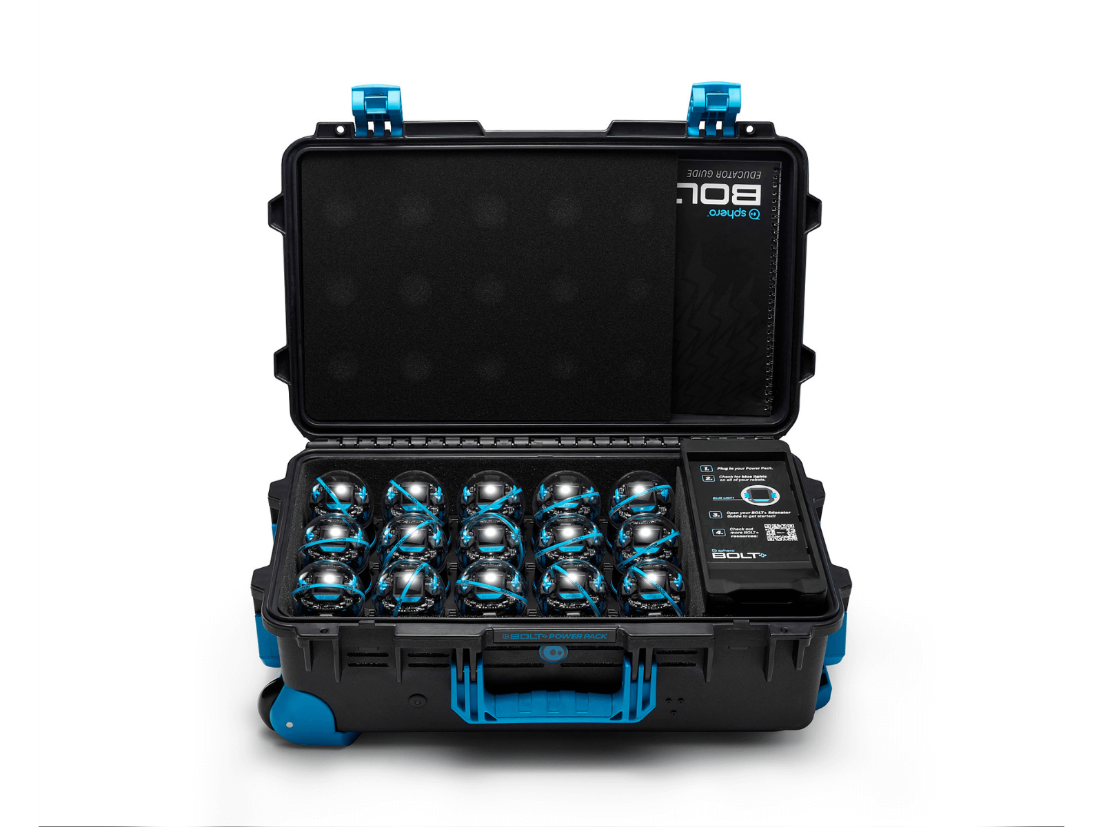 Sphero BOLT+ Power Pack with 15 programmable robots in a sturdy storage case for educational coding.
