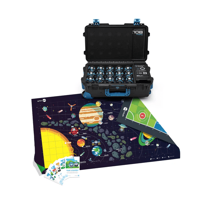 Sphero BOLT+ Power Pack with 15 robots and a dual-sided coding mat for space and soccer challenges.