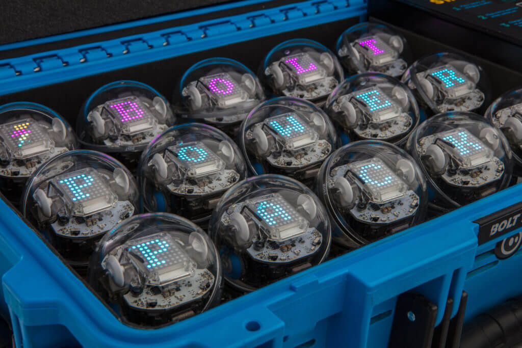 Sphero BOLT Power Pack featuring 15 charging robots in a blue storage case, perfect for educators and robotics enthusiasts.