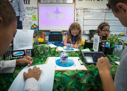Students engaging in Sphero Computer Science Foundations activities with a robot, tablets, and learning materials.
