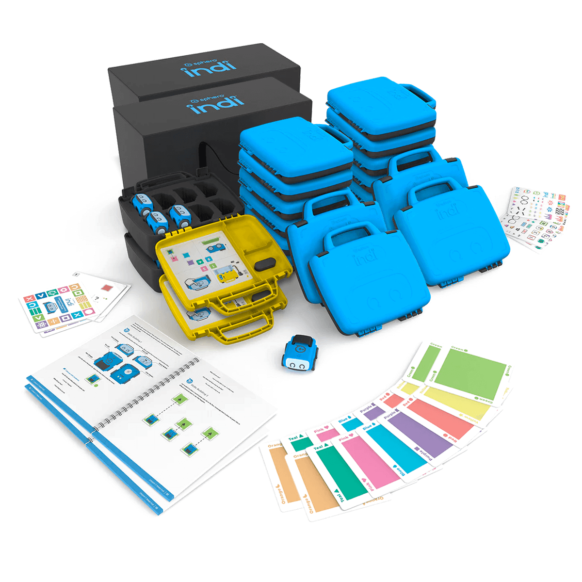 Sphero indi Class Pack with 16 blue robots, storage cases, activity guides, and color cards for educational use.
