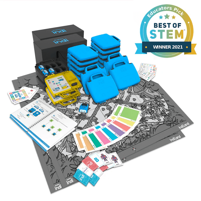 Sphero indi Class Pack featuring 16 robots, Code Mats, and literacy cards for STEM education and early literacy.