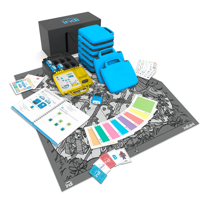 Sphero indi Class Pack with 8 robots, Code Mat, and literacy cards for hands-on learning and early literacy support.