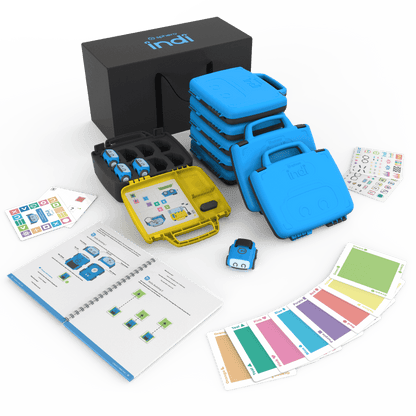 Sphero indi Classroom Pack including 8 robots, cases, coding materials, and instructional guides for STEAM learning.