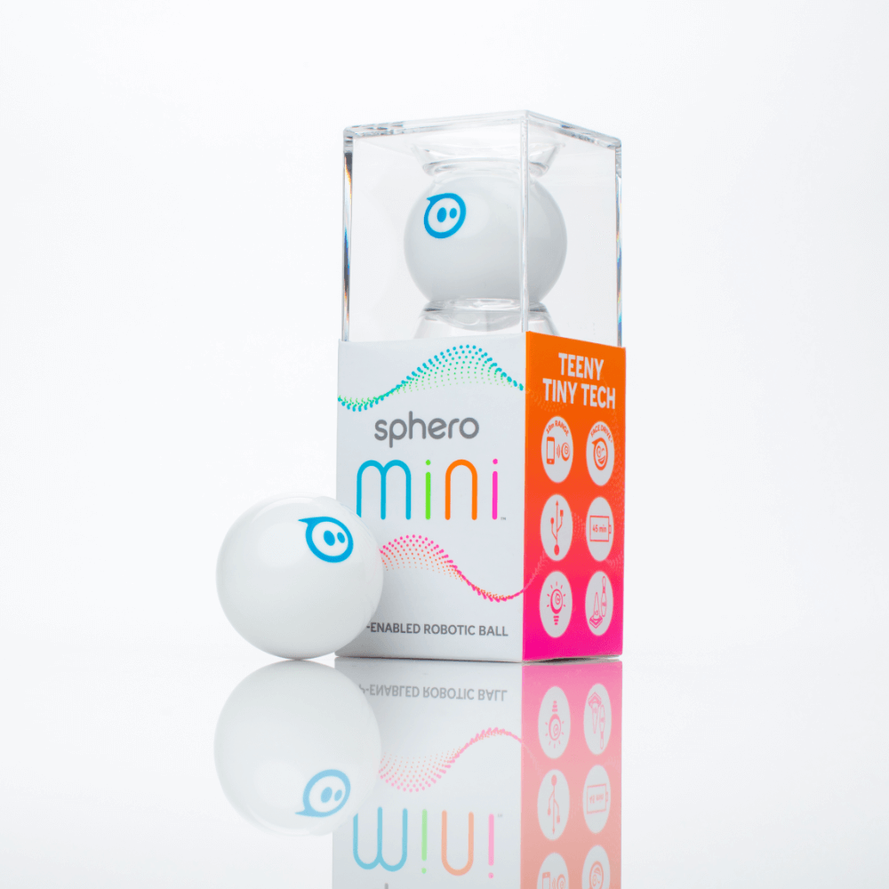 Sphero Mini Robot in packaging, app-enabled toy ball, features tiny tech like gyroscope and LED lights.