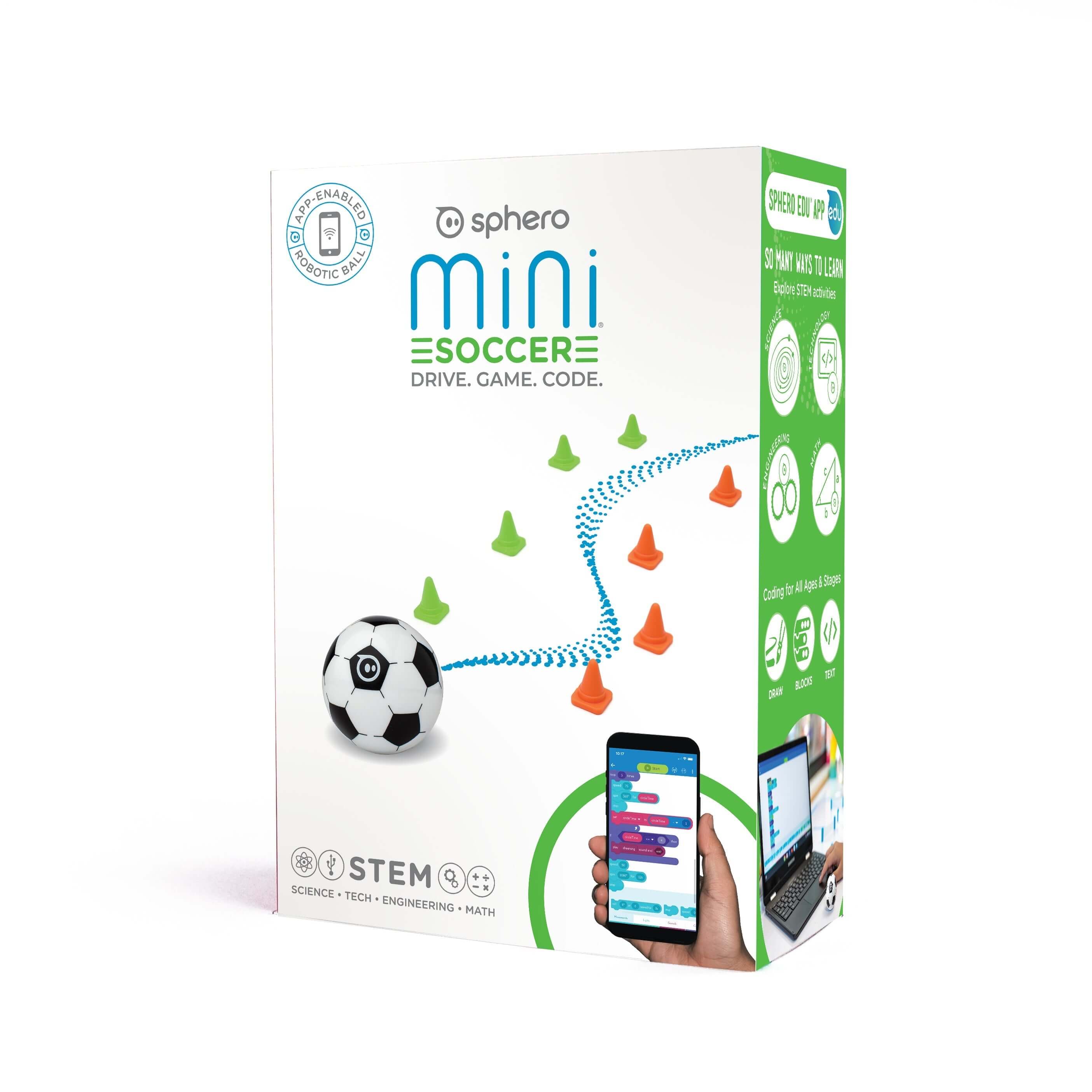 Sphero Mini Soccer Robot packaging featuring app-enabled coding and STEM learning activities.