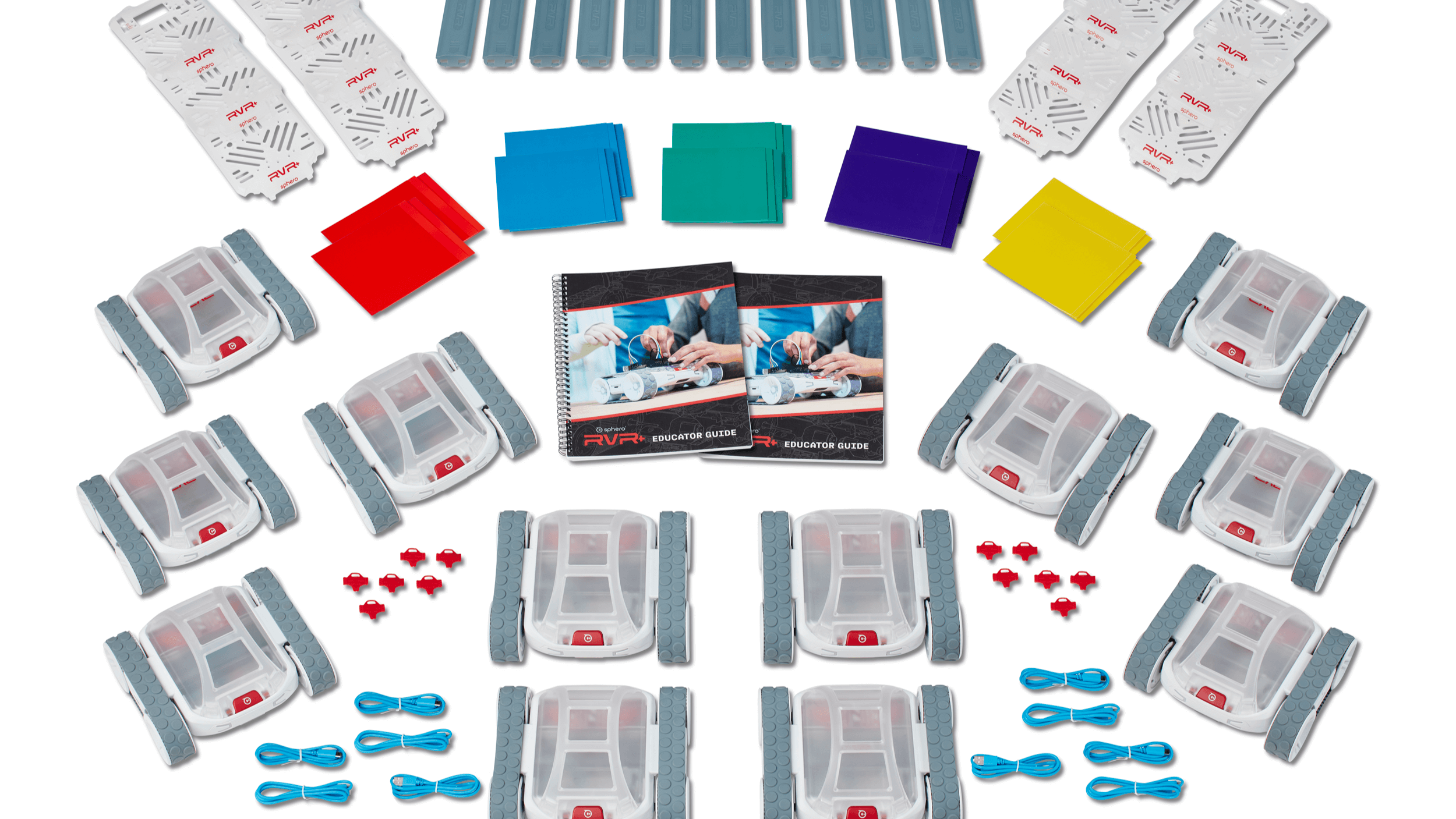 Sphero RVR+ Class Pack with 12 robots, coding accessories, and instructional guides for hands-on robotics education.