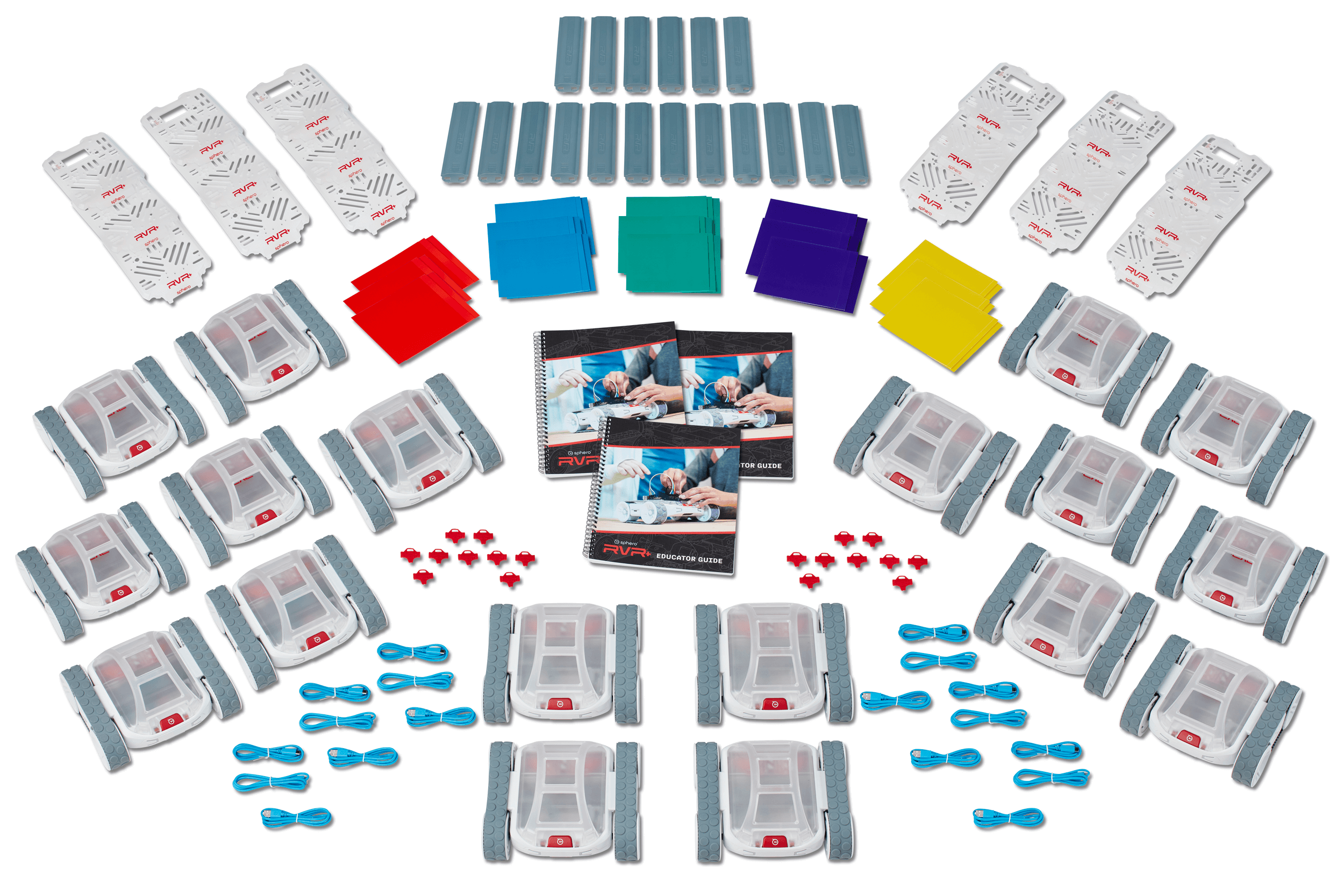 Sphero RVR+ Class Pack including 18 robots, accessories, and educator guides for interactive classroom learning.