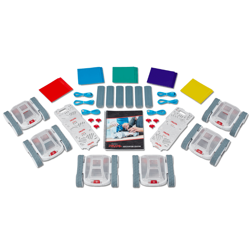 Sphero RVR+ Multi-Pack with six programmable robots, accessories, and an educator guide for classroom use.
