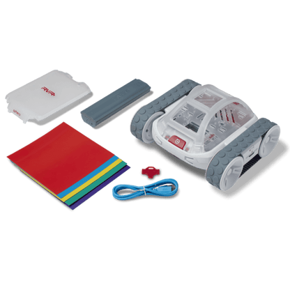 Sphero RVR+ programmable robot with sensors, battery, and colorful coding mats for educational use.