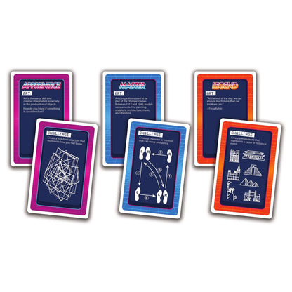 Collection of challenge cards for the STEAM Builder Bin kit featuring design and engineering tasks.