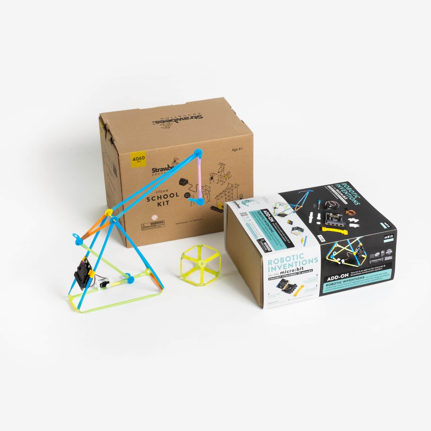 STEAM School Kit for micro:bit with robotic inventions box and Strawbees project model on display.