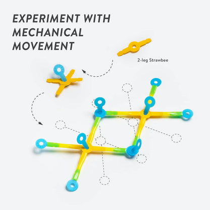 Mechanical movement experiment with colorful Strawbees connectors and construction pieces.